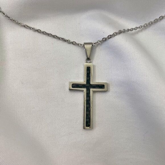 Minimalist Catholic Girl Silver Black Large Cross Pendant Necklace - Picture 2 of 5